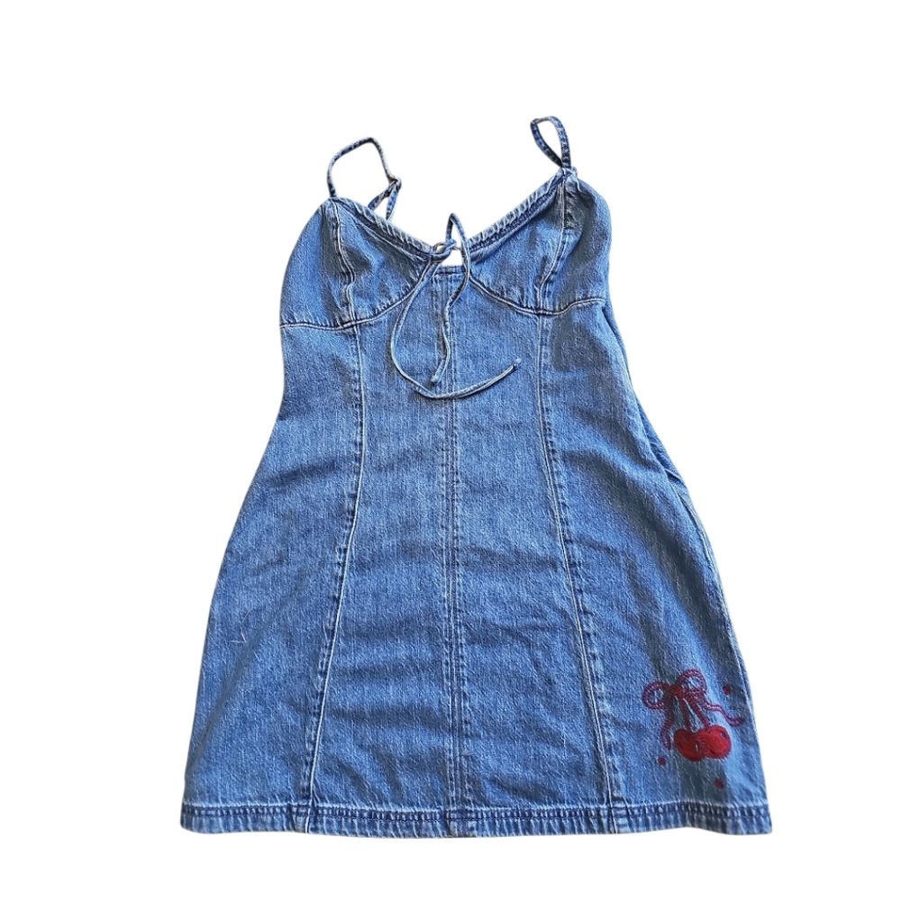 🍒Hollister Denim Cherry Mini Dress Y2K Coquette Girl, Festival, Coastal Cowgirl